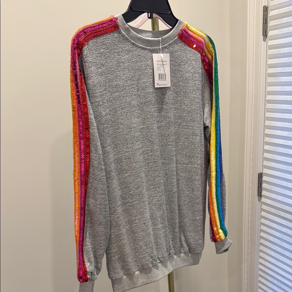 Lola + The Boys Gray Sweater with Rainbow Sleeves
